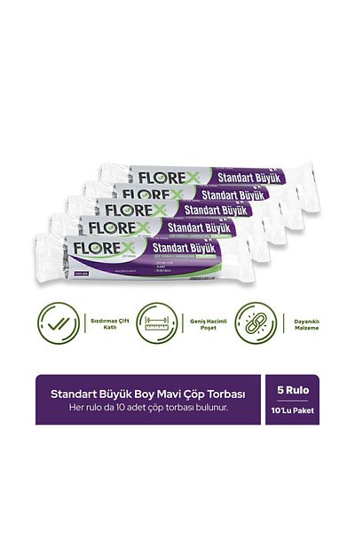 Florex كيس قمامة أزرق قياسي كبير الحجم × 5 لفات