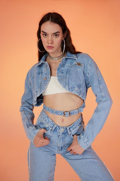 HOLLY LOLLY Model Crop Închidere cu nasturi Curea Detaliată Jachetă de blugi Biana Albastru