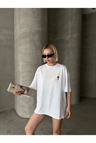 PALPİTO Λευκό Κεντημένο Γυναικείο T-Shirt A Heart Oversize