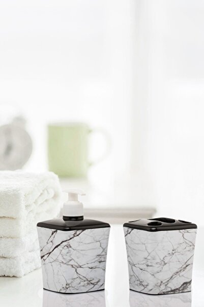 okacih Σετ 2 Λευκό Μάρμαρο Μοτίβο Διανομέας Υγρού Σαπουνιού Θήκη Οδοντόβουρτσας Διανομέας σαπουνιού μπάνιου