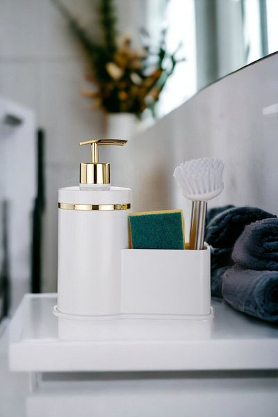 okacih Liquid Soap Dispenser with Tank Kitchen Bathroom Detergent Dispenser Soap Dispenser Brush Sponge Not Included