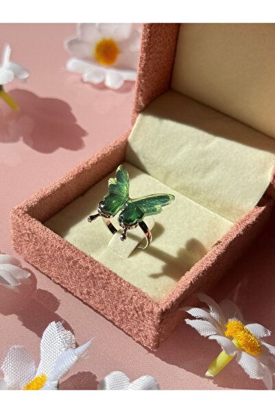 Harlofia Jewelry Rodyum Kaplama Yeşil Kelebek Yüzük