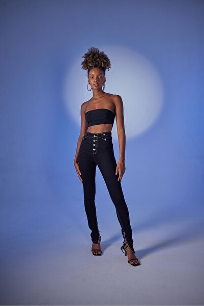 HOLLY LOLLY Pantaloni de jeans din Lycra cu talie înaltă, cu fermoar, negri