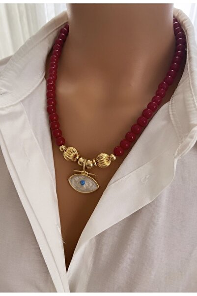 Trend Jewellery Altın Kaplamalı Bordo Cam Boncuk Koyu Kırmızı Göz Uç Kadın Kolye Hediye Sevgililer Anneler Günü