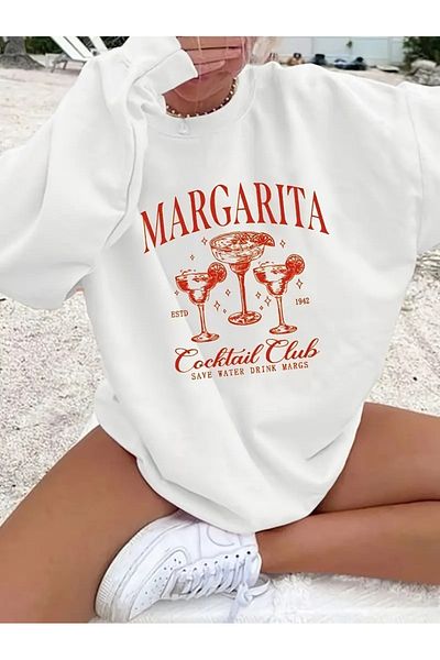 PALPİTO Imprimat Margarita albă - Hanorac oversize pentru femei, cu gât crew