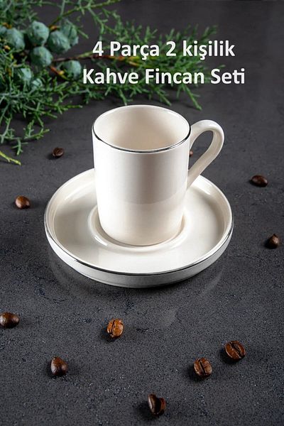 WuuQ White Porcelain Platinum Silver Gilt 4 Piece Coffee Cup Set for 2 People - 100 Ml