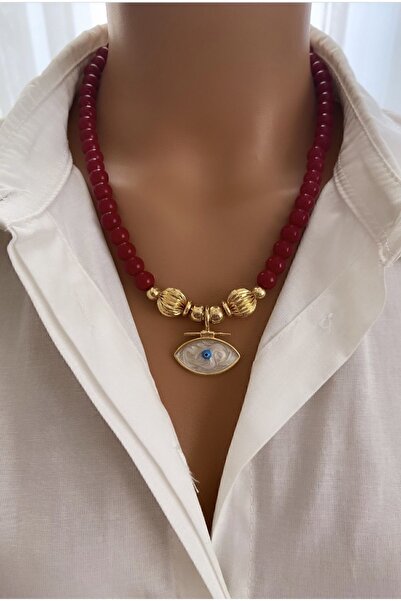 Trend Jewellery Altın Kaplamalı Bordo Cam Boncuk Koyu Kırmızı Göz Uç Kadın Kolye Hediye Sevgililer Anneler Günü