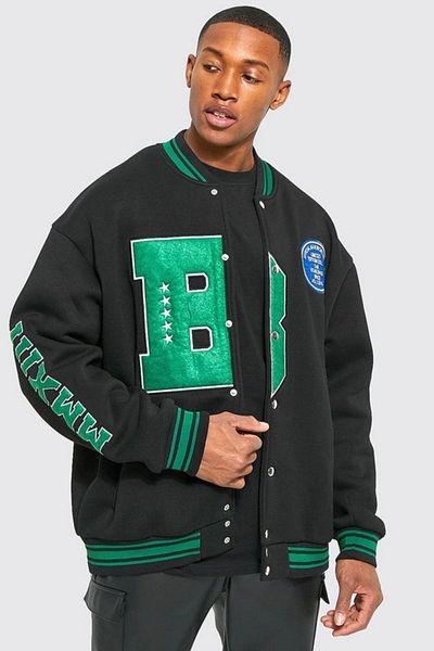 NEWLAKER Unisex Μαύρο Oversize Bomber College Jacket - B Κεντημένο με κεντήματα