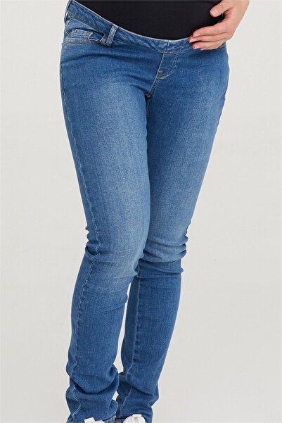 VAVIEN Hamile Jean Likralı Denim Pantolon Slim Fit Orta Mavi 1014