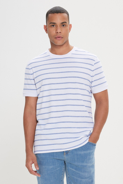 ALTINYILDIZ CLASSICS White and Navy Blue Slim Fit Cotton Striped Men's T-Shirt - Crew Neck