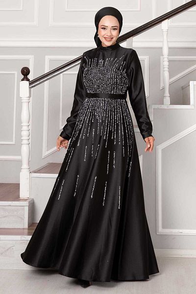 EBRUTESETTÜR Princess Stone Embroidered Satin Hijab Evening Dress