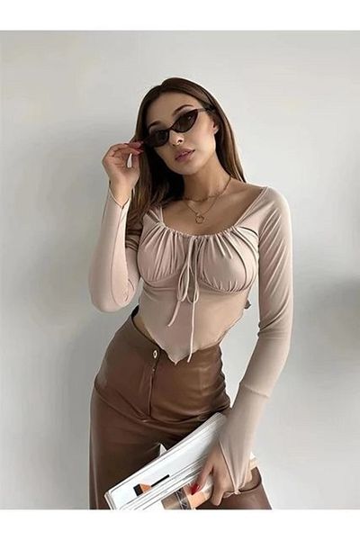 hazelin Μπεζ Crop Tulle Μπλούζα - Ασύμμετρη κοπή, Δέσιμο μπροστά HZL24S-ZK12281
