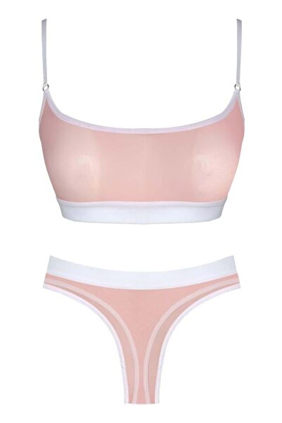 Cottonhill Powder White Rubber Detailed See-through Tulle Adjustable Strap Women's Bra Set