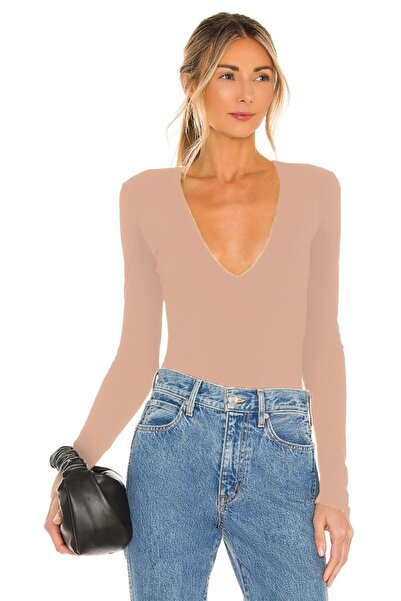 By Kul Design Γυναικείο κορμάκι από μεταξωτό ζέρσεϊ με λαιμόκοψη σε μπεζ χρώμα