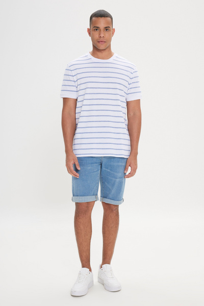 ALTINYILDIZ CLASSICS White and Navy Blue Slim Fit Cotton Striped Men's T-Shirt - Crew Neck