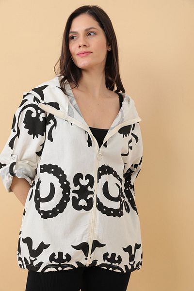 Asist Hooded Zippered Printed Pocket Detail Patterned Ecru Loose Jacket - 0401