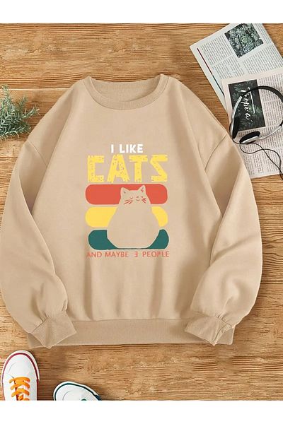 PALPİTO Γυναικείο φούτερ σε μπεζ I Like Cat με στάμπα με λαιμόκοψη