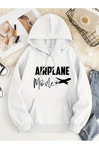 PALPİTO Airplane Printed Unisex White Hooded Hoodie - 3 Thread Sweatshirt