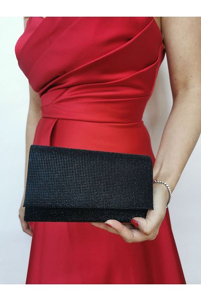 NAZART Rochie de seară neagră, cu aspect de piatră mare, clutch portofoliu, curea cu lanț, geantă de seară de logodnă de nuntă
