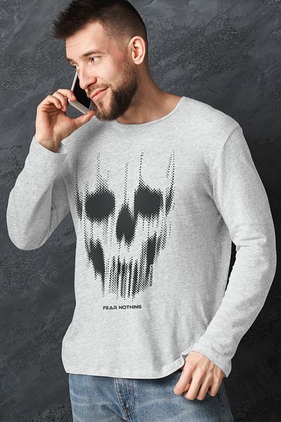 ROCKANDROLL Tricou din bumbac pieptănat pentru bărbați, gri, cu mânecă lungă, cu gâtul rotund Matriks Skull