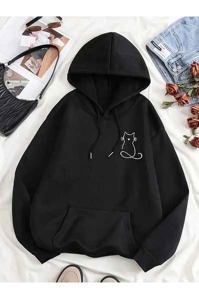PALPİTO Black Cat Printed 3 Thread Hooded Women's Hoodie Sweatshirt