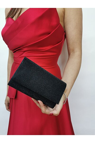 NAZART Women's Tiny Big Stone Look Black Evening Dress Clutch Portfolio Chain Strap Handheld Wedding Engagement Evening Bag