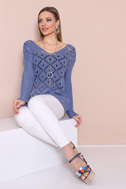 AQE FASHION Γυναικεία πλεκτά ελαφρύ Μπλούζα σκούρο ινδικό