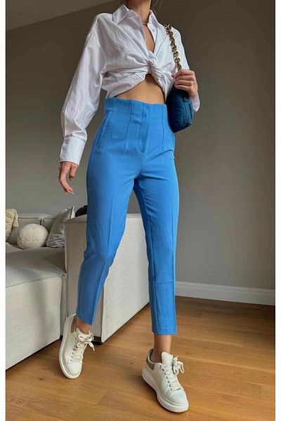 KaSheHa Baby Blue Zra Model Luxury Quality Collared High Waist Trousers 94 cm