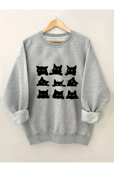 PALPİTO Γκρι 9 Cat printed Oversize Γυναικείο φούτερ - Crew Neck