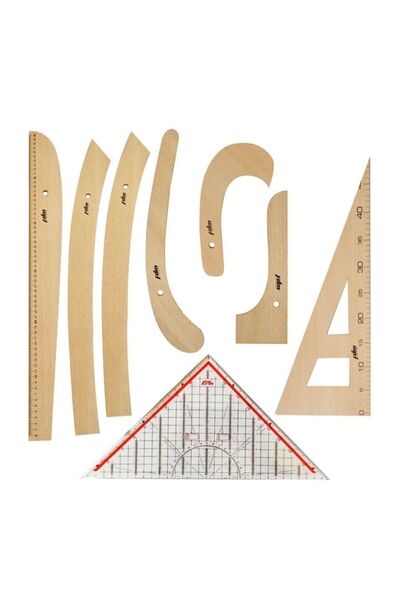 FDM 8 Parça Set - 7 Parça Ahşap Riga Seti Ve Modelist Gönyesi - Riga Takımı - Cetvel