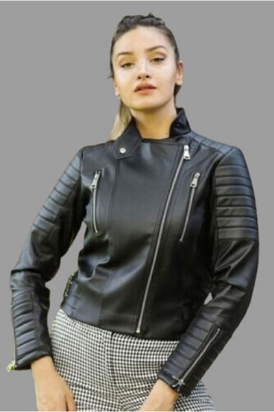SEVİLMODA Damenjacke aus schwarzem Kunstleder mit Ärmeln und Details