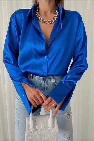By Wocci Cămașă Saks Satin Loose Cut pentru damă