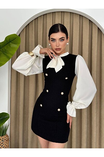 Julidress فستان تويد قصير فاخر - أبيض وأسود، رقبة على شكل فيونكة، تفاصيل أزرا...