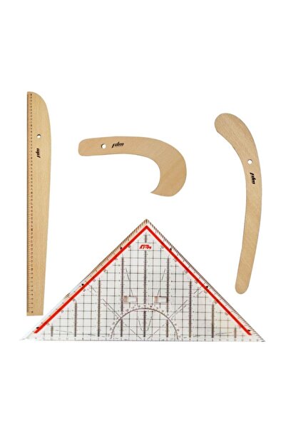 FDM 4 Parça Set - 3 Parça Ahşap Riga Seti Ve Modelist Gönyesi - Riga Takımı - Cetvel