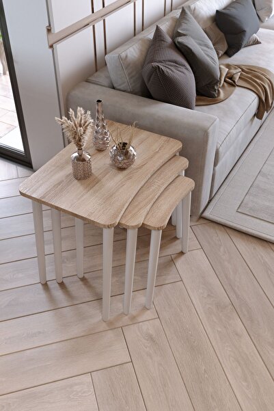 Zuesse Dizayn Beyza 3lü Zigon Sehpa & Yan Sehpa Beyaz Ahşap Ayaklı Salon Seti Çay Sehpası - Sonomo