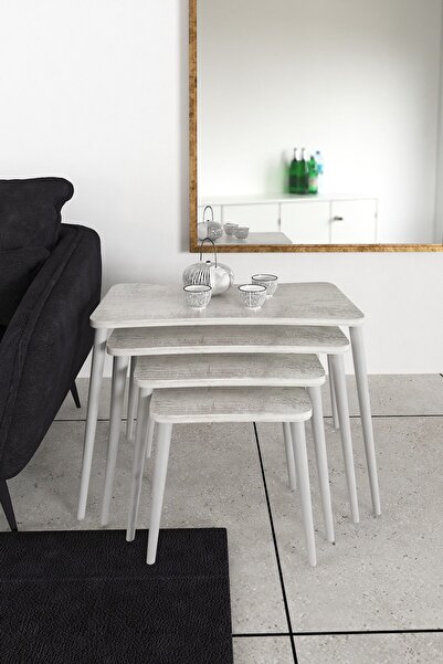 Zuesse Dizayn Selen 4lü Zigon Sehpa Ahşap Beyaz Ayaklı Salon Seti Çay Sehpası...