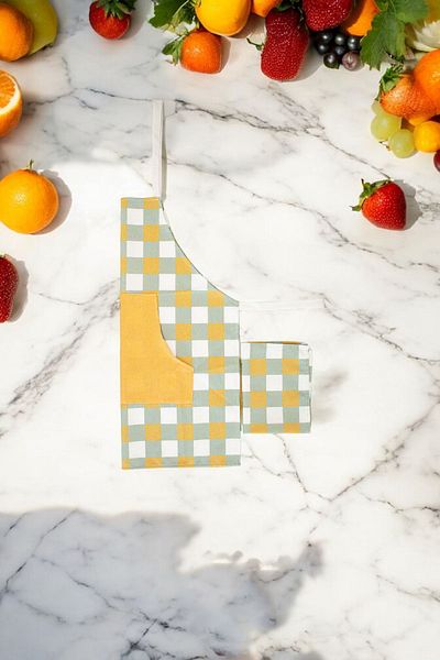 Heriya Orange Linen Kitchen Apron - Dowry, Gift, Gingham Square Printed, with Napkin (Hrym-04orange)