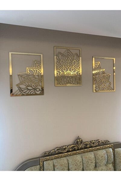 Numa Concept Lotus Çiçeği 3'lü Tablo Mdf Üzeri Gold Pleksi Duvar Dekorasyon Her Biri 35x24,5 Cm