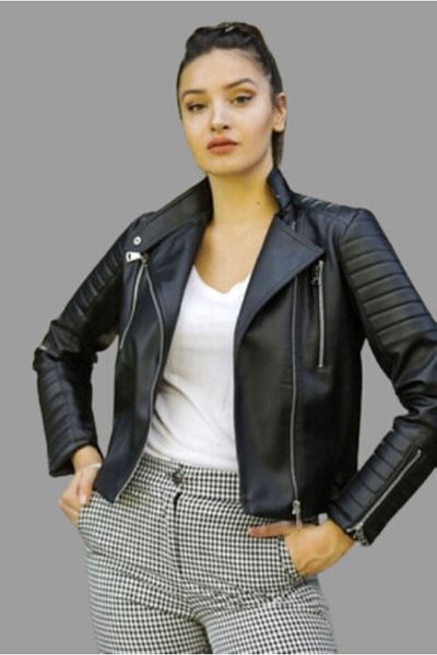 SEVİLMODA Damenjacke aus schwarzem Kunstleder mit Ärmeln und Details