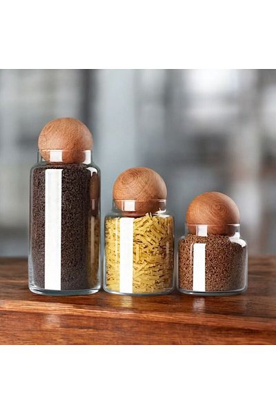 YzHome 3-Piece Ball Glass Jar with Wooden Lid and Spice Jar Set Storage Container 500-800-1300ml