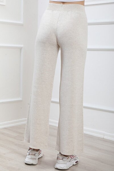 ÖZMODA Pantaloni tricotaje cu picioare largi și talie elastică de culoarea pietrei