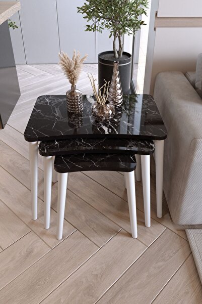 Zuesse Dizayn Beyza 3lü Zigon Sehpa & Yan Sehpa Beyaz Ahşap Ayaklı Salon Seti...