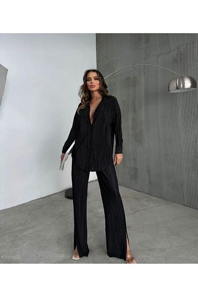 TUNİK Women's Black Long Turnic Shirt & Waist Elastic Wide Leg Pants Wrap Suit