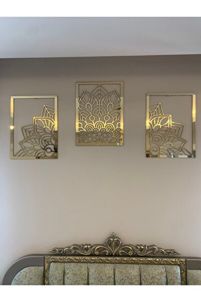 Numa Concept Lotus Çiçeği 3'lü Tablo Mdf Üzeri Gold Pleksi Duvar Dekorasyon Her Biri 35x24,5 Cm
