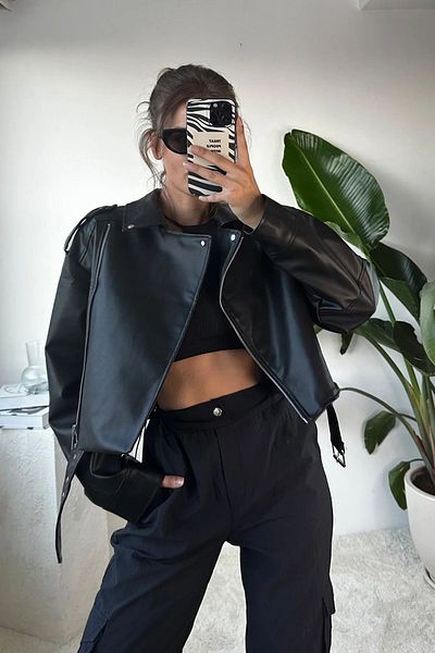 IŞILDA FASHION Голямо дамско черно велосипедско кожено яке