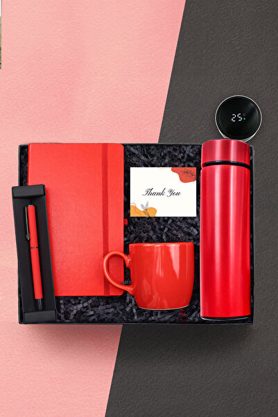 Trendmiya Kırmızı Dereceli Termos & Kırmızı Defter & Kırmızı Roller Kalem & Kırmızı Kupa Welcome Kit