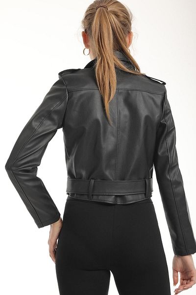 IŞILDA FASHION Schwarze Ledermanteljacke für Damen mit Gürtel