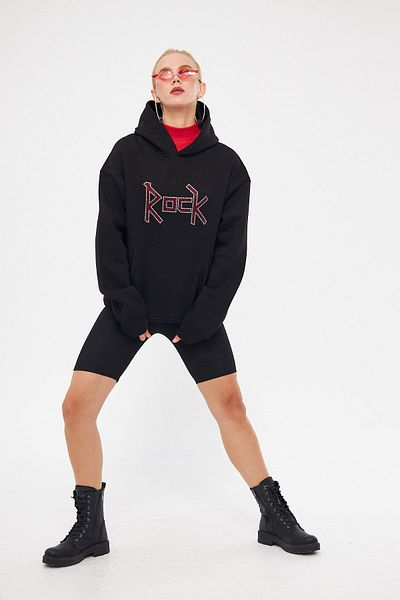 The Champ Clothing Черен извънгабаритен суичър с качулка и надпис Polar Rock от вътрешната страна