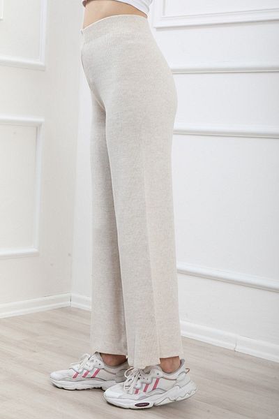 ÖZMODA Steinfarbene Strickhose mit weitem Bein und elastischem Bund
