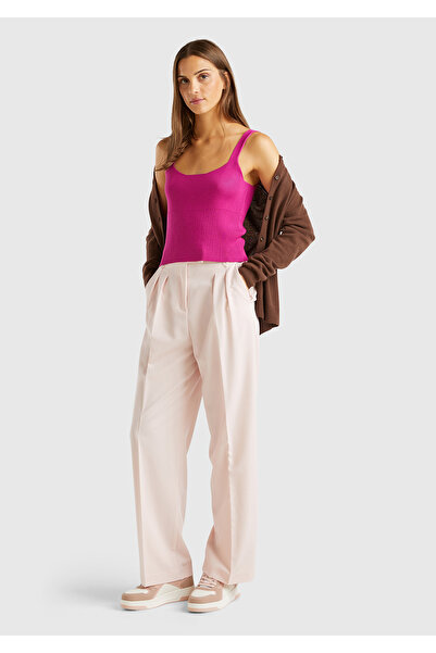 United Colors of Benetton Powder Pink Viscose Women's Pants - Back Cover, Pocket, Wide Leg